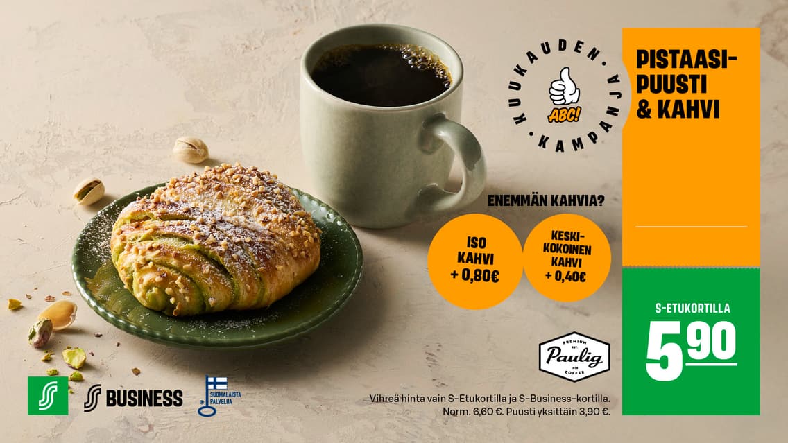 Pistaasipuusti ja kahvi 5,90 €