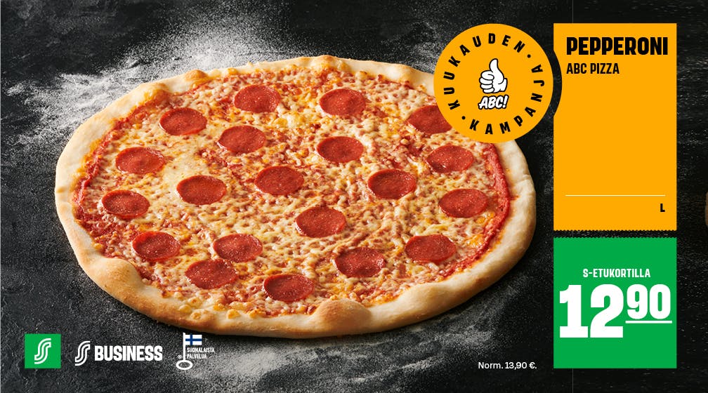 Pepperoni-pizza S-Etukortilla 12,90 € (norm. 13,90 €)
